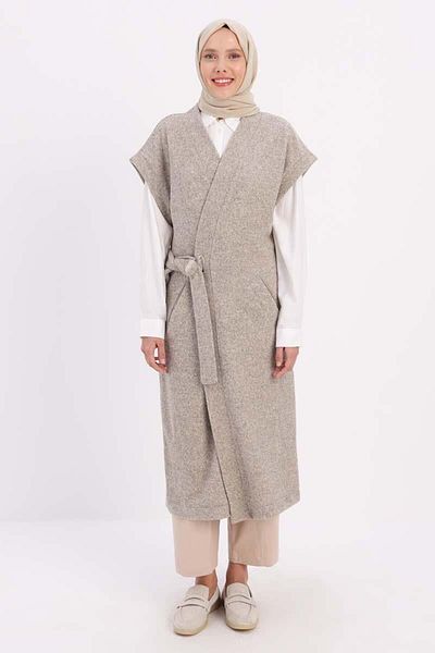 ALLDAY Beige-Belted Metal Buckle Long Vest with Pockets