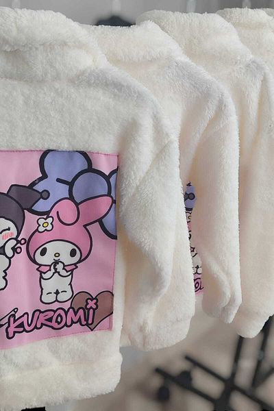 Urz Kids White Girl's Kuromi Themed Plush Coat Girl's Plush Cardigan