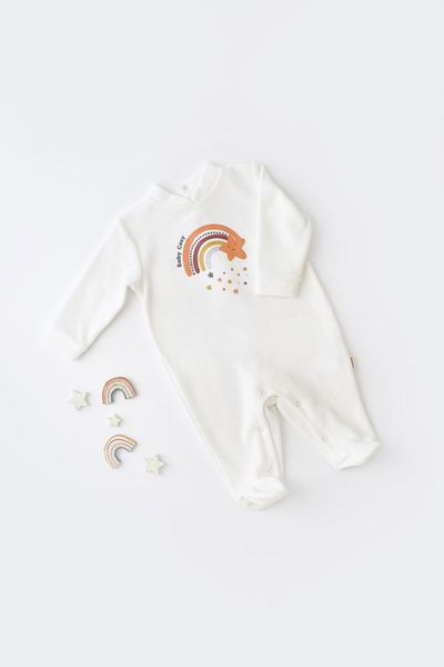 BabyCosy Salopeta Curcubeu cu maneca lunga si botosei- Ecru,
