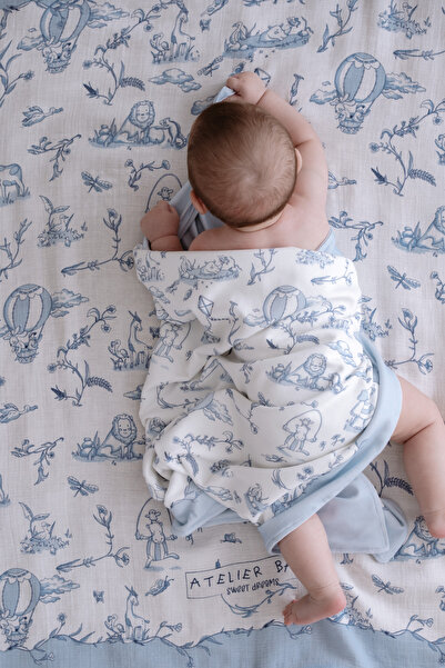 Atelier Babbi 100% Cotton Reversible Blanket - Toile De Jouy / Blue