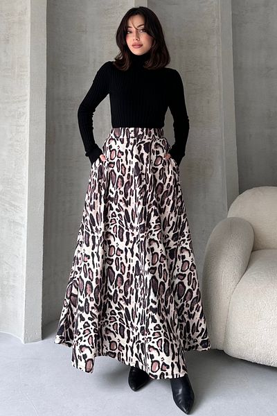 Fav Style Fusta de damă cu talie înaltă și buzunare duble cu imprimeu leopard - crem