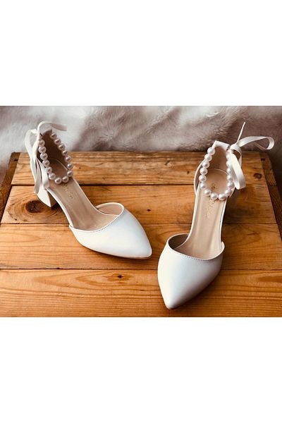 İlkinin Pabuçları Pearl Ankle Detailed Wedding Shoes, White Shoes, Comfortable Bridal Shoes with 5cm Thick Heels