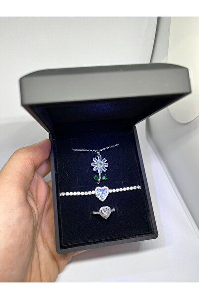 Sepetten Eve 316l Paslanmaz Çelik Gümüş/ Gold Zirkon Taşlı Işıltılı Papatya Kolye Su yolu ve Kalpli yüzük set