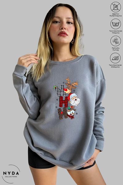 Nyda Collections Unisex μακρυμάνικο χριστουγεννιάτικο φούτερ με στάμπα με λαιμόκοψη χωρίς κουκούλα
