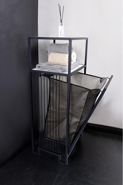 Digithome Metal Kirli Sepetli 2 Raflı Çamaşır Sepeti Çamaşırlık Siyah Beyaz HMRS-010