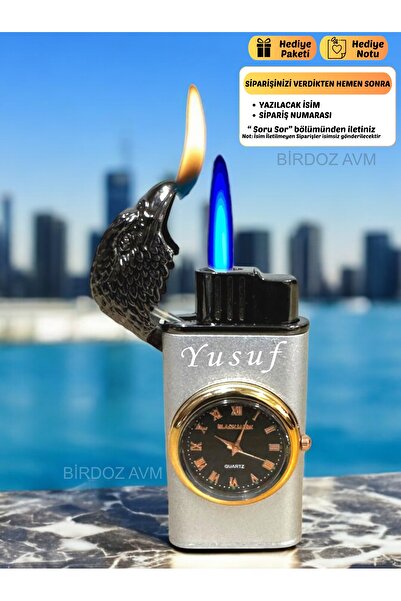 birdoz avm Kişiye Özel Isimli Saatli Kartal Tasarım Çift Alevli Özel Başlıklı Şık Tasarımlı Turbo Gazlı Çakmak