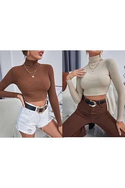 ÖZ PAMUK 2 Pieces Women's Turtleneck Crop Knitted Knitwear Sweater