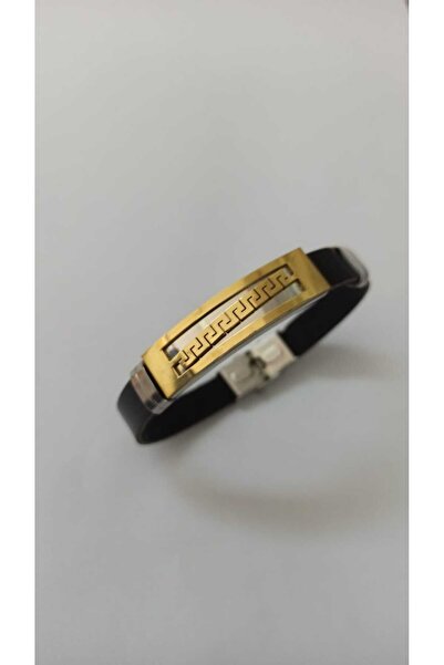 OSMANLI GÜMÜŞ Grek Patterned Leather Rubber Steel Men's Bracelet