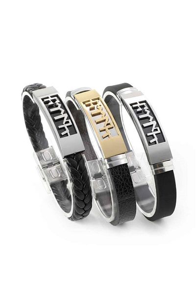 OSMANLI GÜMÜŞ Turkish Written Leather Rubber Steel Men's Bracelet