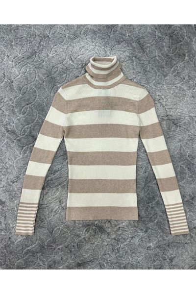 Irmak Kerekli Pulover cu nervuri - Ecru/Bej cu dungi, Femei, Model Badi 164211