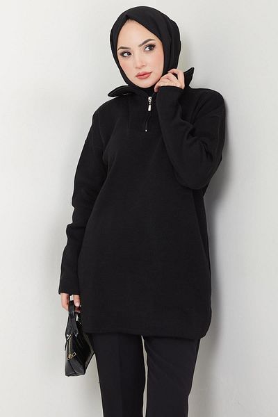 hafsamina Black Monochrome Zippered Knitwear Tunic - Hm2610