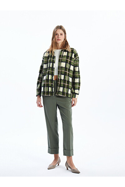 LC Waikiki Khaki Patterned Oversize Women's Plush Shirt Jacket