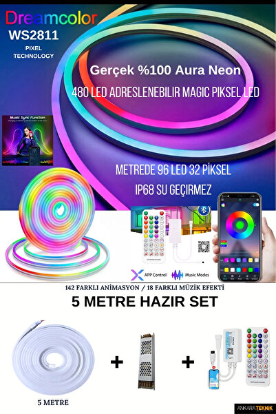 ankarateknik Piksel Neon Led (6X12MM) 5 Metre Hazır Kumandalı Set/ Ip68 Koruma / Adreslenebilir / Müzik Kontrol