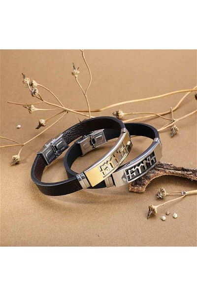 OSMANLI GÜMÜŞ Turkish Written Leather Rubber Steel Men's Bracelet