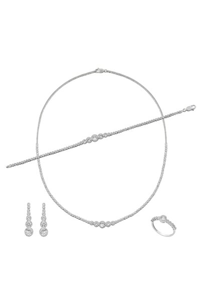 OSMANLI GÜMÜŞ Parla Zirkon Taşlı Gümüş Su Yolu Set - Kolye, Bileklik, Küpe, Yüzük Işıklı Kutuda