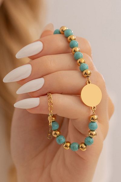 OSMANLI GÜMÜŞ Turquoise Stone and Lacquer Coated Steel Bracelet - Name and Letter Writable