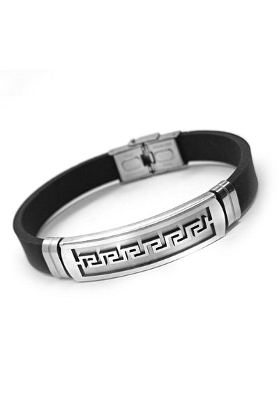 OSMANLI GÜMÜŞ Gray Large Grek Pattern Rubber Steel Men's Bracelet Dblgrıbgrek-syh