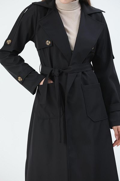 QUBERZ Belted Trench Coat with Pockets Black