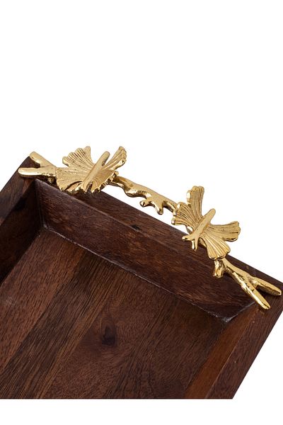 Dania Rectangular wood tray with butterfly decor metal handle