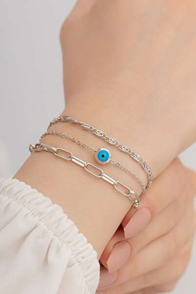 OSMANLI GÜMÜŞ سوار نسائي - سوار مجوهرات مطرز بثلاثة صفوف من سلسلة عين الشر