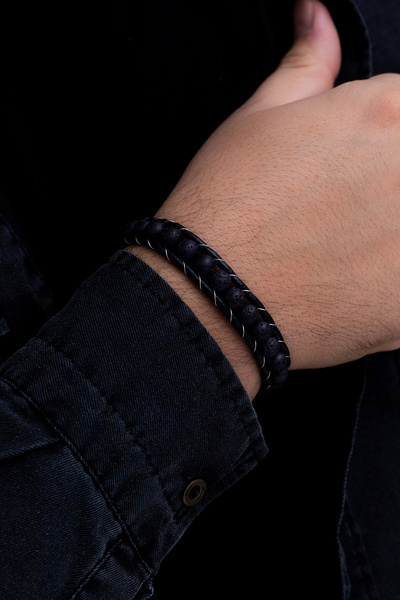 OSMANLI GÜMÜŞ سوار جلدي للرجال من حجر الحمم البركانية الطبيعي