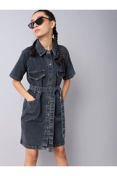 NOH-VOH By Styli Acid Wash Denim Collared Shirt Dress with Tie Up Belt