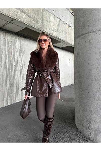 ByRanaBuyuk Acıkahve Κοντό παλτό από γούνα κροκόδειλου