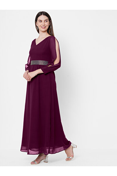 Mish By Styli Solid Georgette Fit and Flare Maxi Dress with Slit Sleeves