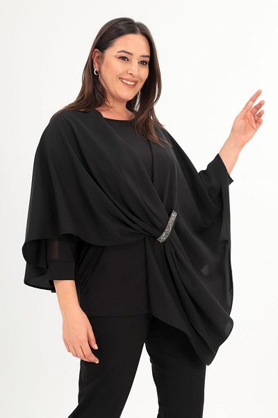 Trend42plus Stone Printed Woven Black Shawl Poncho