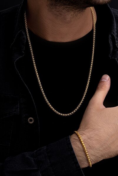 OSMANLI GÜMÜŞ Erkek Çelik Bileklik Kolye Set - 18 Ayar Altın Kaplama Yuvarlak Kral Spiga Model Çelik Set