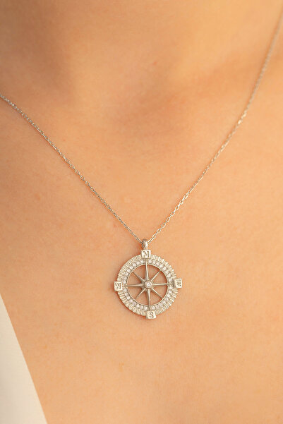 OSMANLI GÜMÜŞ Kadın Gümüş Kolye - Zirkon Taşlı Pusula Motifli Gümüş Kolye