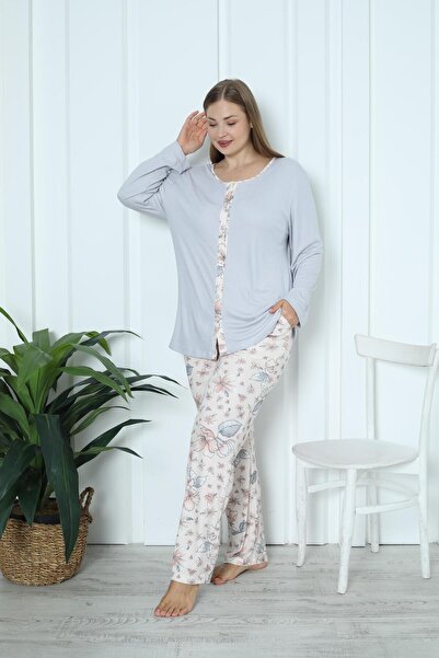 LİMİSSİ Limissi Viscose Plus Size Patterned Melisa Gray Pajama Set 100% Cotton