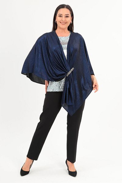 Trend42plus Stone Printed Shiny Evening Dress Navy Blue Shawl Poncho