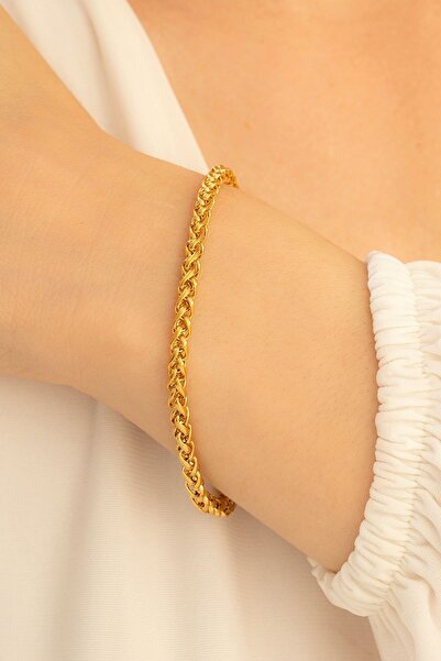 OSMANLI GÜMÜŞ 18 Ayar Gerçek Altın Kaplama Spiga Model Çelik Bileklik - Erkek Bileklik - Kadın Bileklik