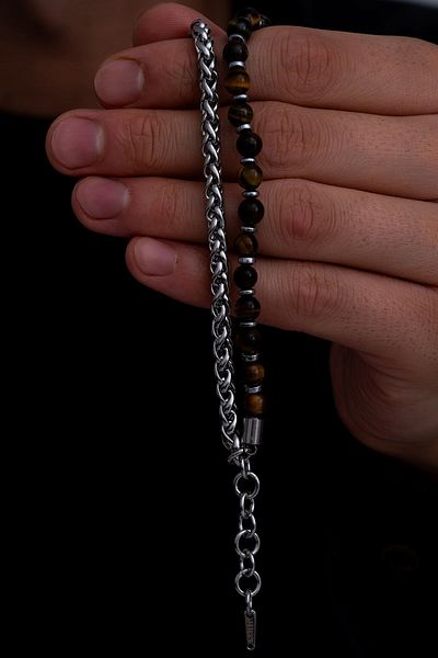 OSMANLI GÜMÜŞ Men's Steel Bracelet - King Chain Steel Men's Bracelet with Tiger Eye Stone