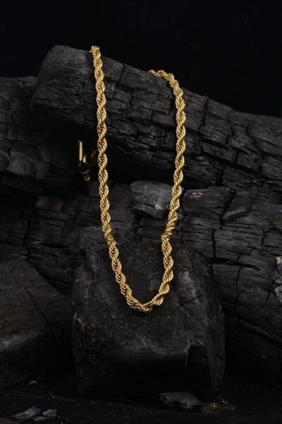 OSMANLI GÜMÜŞ 316L Paslanmaz Çelik Altın Rengi 4mm Kalın Burma Halat Erkek Çelik Kolye Zincir