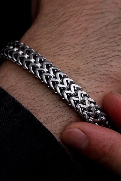 OSMANLI GÜMÜŞ Thick Steel Bracelet - Men's, Double Row Knitted Model