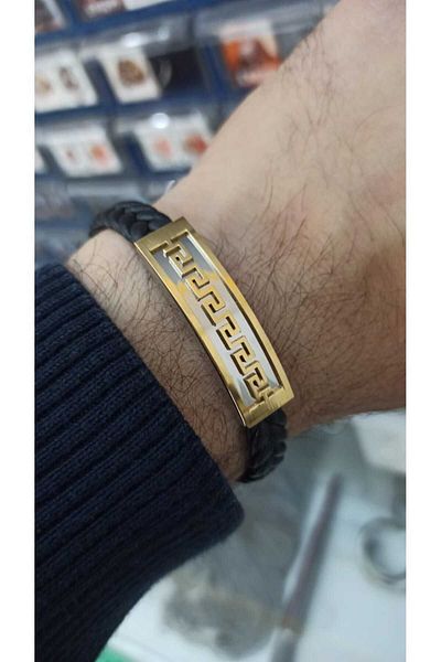 OSMANLI GÜMÜŞ Grek Patterned Faux Leather Men's Steel Bracelet