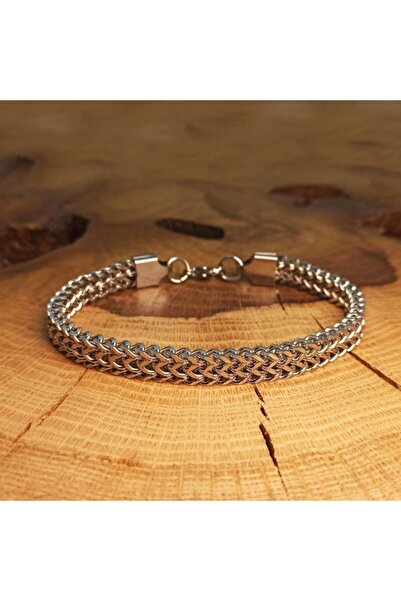 OSMANLI GÜMÜŞ Çift Sıra Örüm Desen Erkek Çelik Bileklik Ince Model Cblgmsotcso