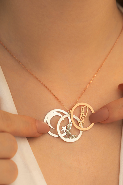 OSMANLI GÜMÜŞ Kadın Gümüş Kolye - Kadın Yuvarlak Model Üçlü Atatürk Imza Ayyı...