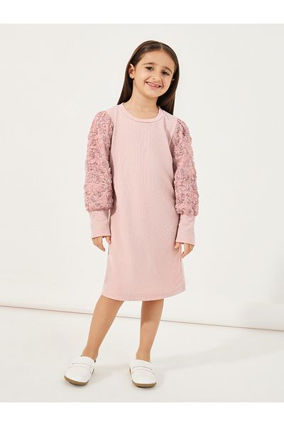 Styli Floral Lace Sleeve Rib Knit Knee-Length Dress