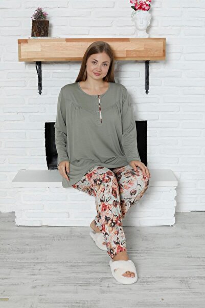 LİMİSSİ Limissi Viscose Plus Size Patterned Green Pajamas Set 100% Cotton