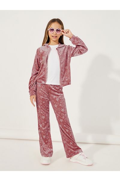 Styli Star Pattern Zipper Front Velvet Hoodie & Flare Hem Pant Set