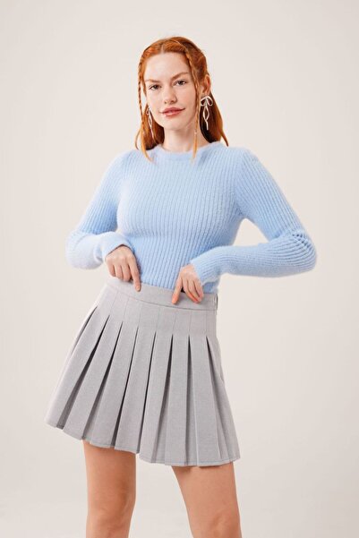 LUXLIGHT Women's Yumoş Plush Furry Crew Neck Ribbed Knitwear Crop Sweater