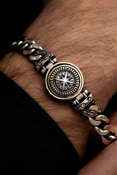 OSMANLI GÜMÜŞ Erkek Gümüş Bileklik -Pusula Model Gurmet Zincir Gümüş Bileklik Künye