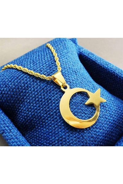 OSMANLI GÜMÜŞ Gold Color Crescent Star Flag Men's Steel Necklace Chain