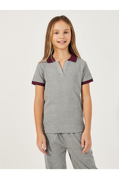 Styli Rib Knit Polo T-Shirt with Contrast Collar & Wide Leg Joggers Set