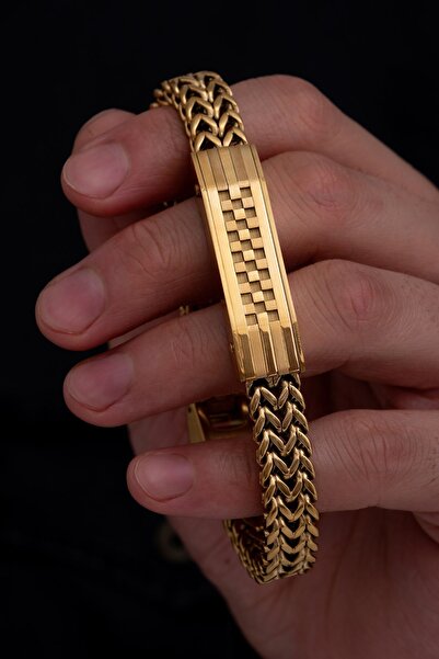 OSMANLI GÜMÜŞ Erkek Çelik Bileklik - Altın Kaplama Bukle Model Çift Sıra Örüm...