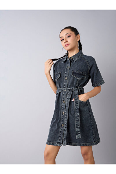 NOH-VOH By Styli Acid Wash Denim Collared Shirt Dress with Tie Up Belt