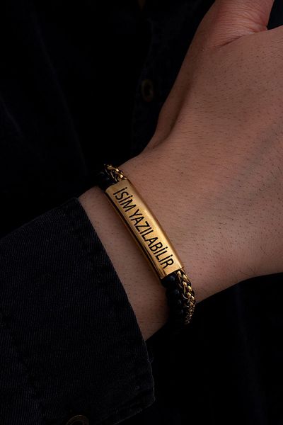 OSMANLI GÜMÜŞ Men's Steel Bracelet - Name Writable, Black Beads and Yellow King Chain